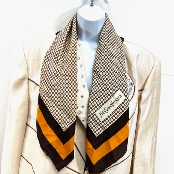 Vgt  Yves Saint Laurent  scarf 100% silk satin/rayon 30" Brown Orange dott (27) - Picture 6 of 10